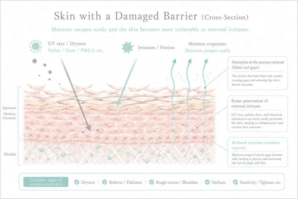 Cross-section illustration of damaged skin barrier showing moisture loss and external irritants